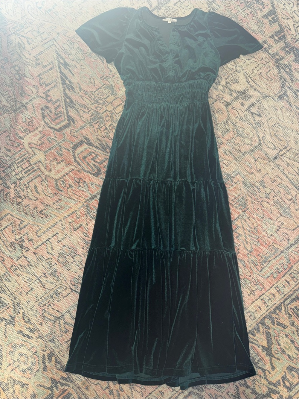 Smocked Velvet Tiered Maxi Dress in Deep Green